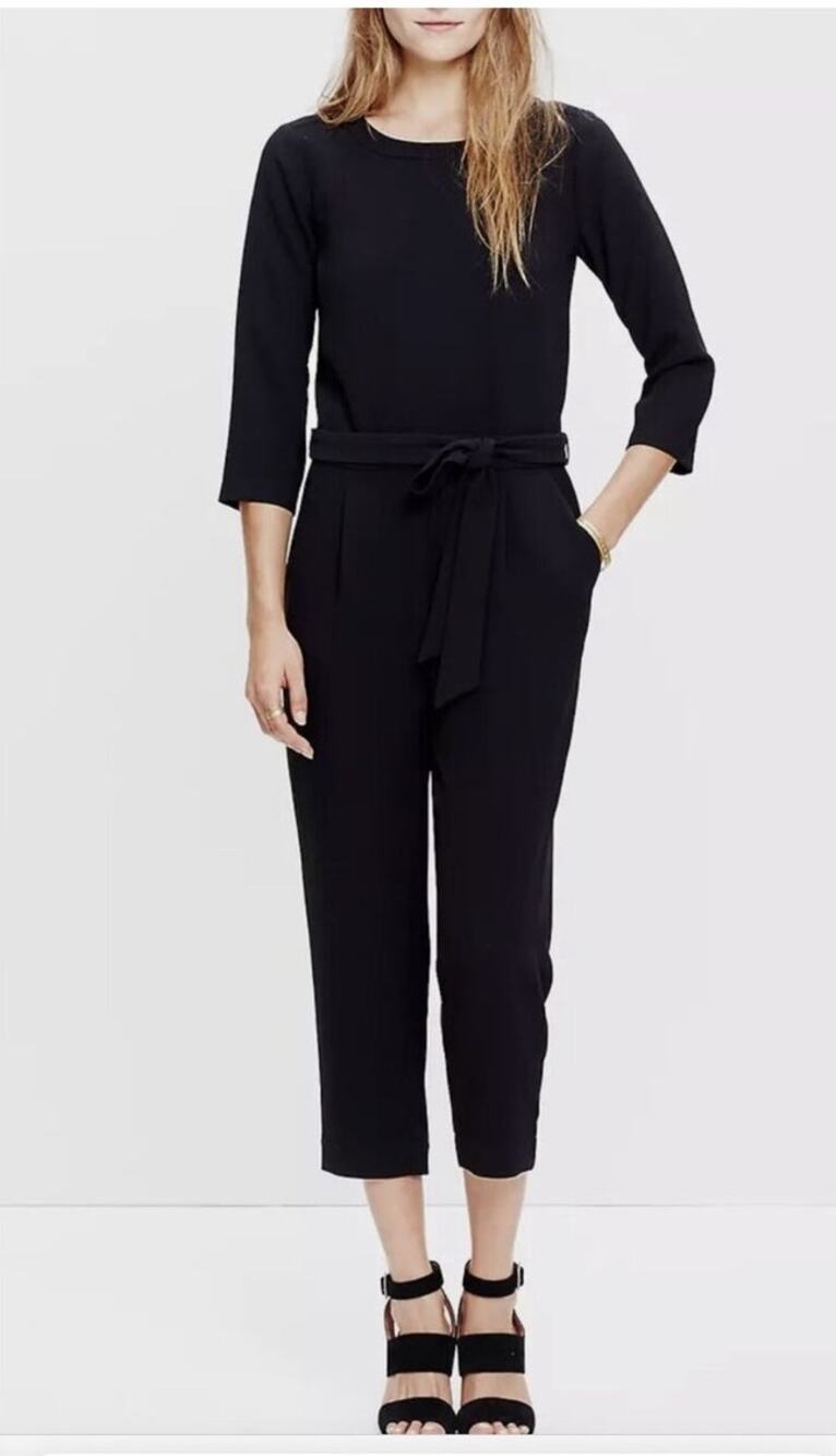 Madewell Sloan Jumper in Black Belted Crepe Tapered Crop Jumpsuit size 0
